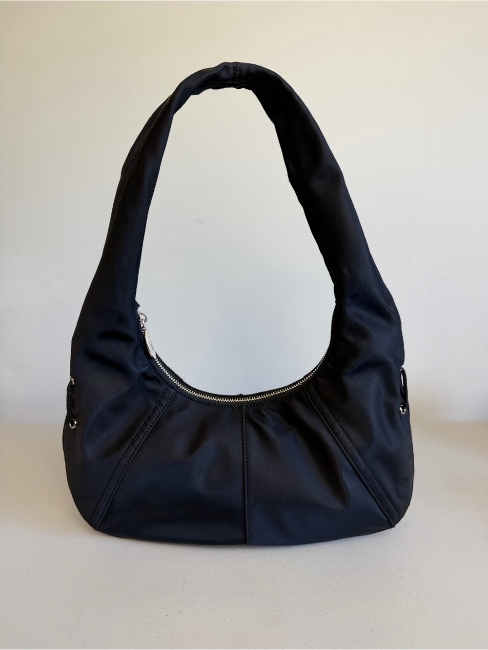 RAIVE Black Nylon Ruched Hobo Shoulder Bag Korean Designer